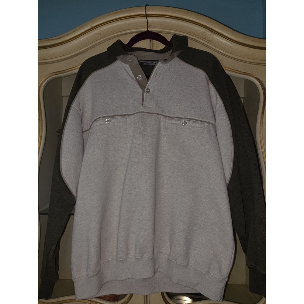 David Taylor Mens XL Pullover Sweatshirt Colorblock Olive Tan Button Pockets